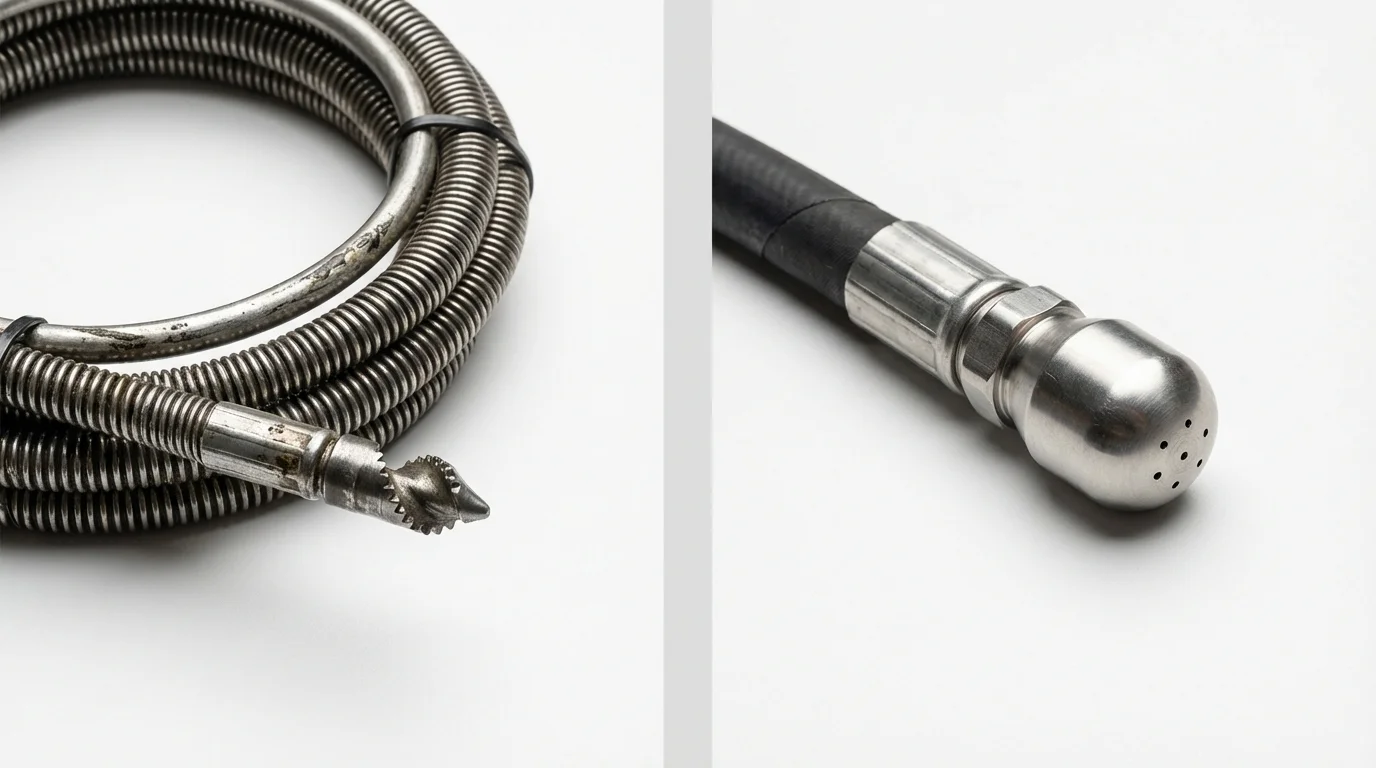 Drain snake cable and hydro jetting nozzle used for drain cleaning in Burnham, ME