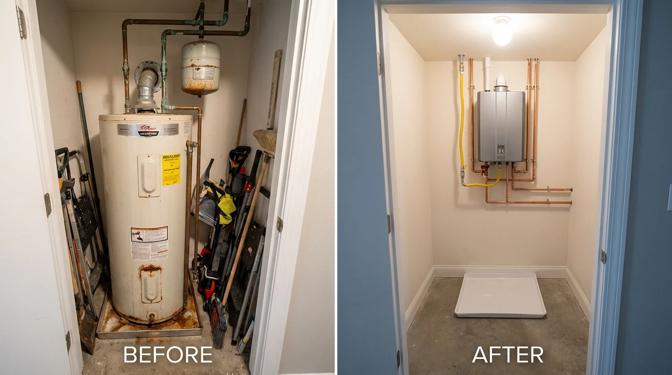Tank water heater versus wall-mounted tankless unit comparison for Burnham, ME homeowners