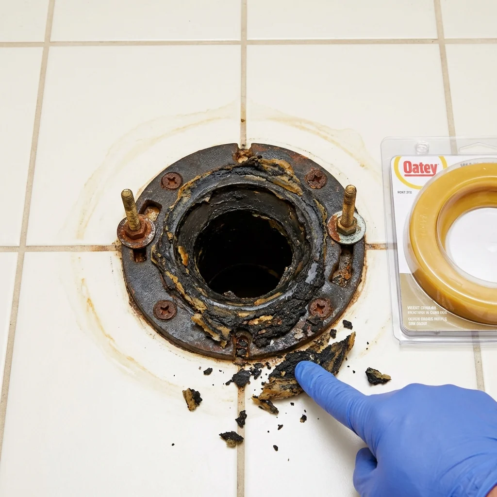 Failed wax ring showing water seepage at the base of a toilet in a Burnham, ME home