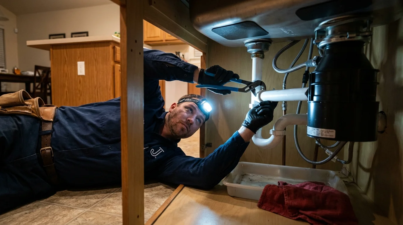 P-trap and supply line connections under a kitchen sink showing a common leak point in Burnham, ME